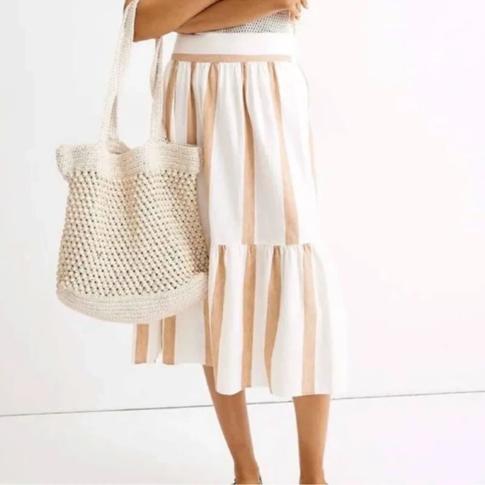 Madewell Striped Linen Midi Skirt - Tan/Cream L